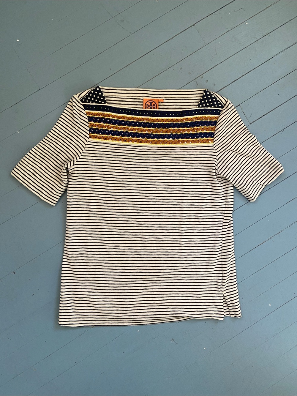 Tory Burch Striped Embroidered Boatneck Top